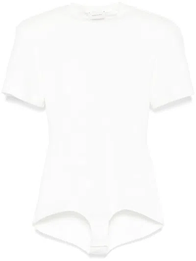 Magda Butrym Crew Neck Ribbed Bodysuit With Ruched Detailing In White