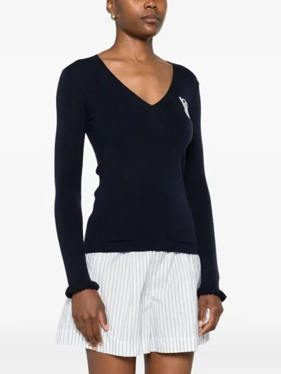 Valentino Ruffled V-neck Wool Sweater