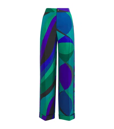 Pucci Pesci-print Silk Twill Straight-leg Pants In Blue