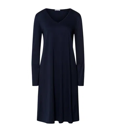 Hanro Cotton Long-sleeve Nightdress In Blue