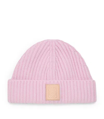 Loewe Womens Light Pink Anagram-patch Ribbed Cashmere Hat In Pink