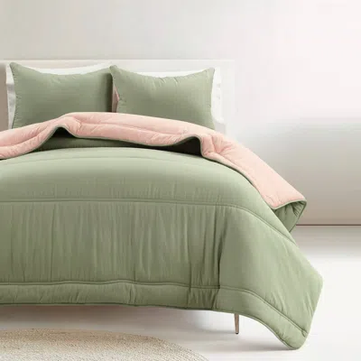 Hivvago Twin/xl Soft Lightweight Reversible Quilted Comforter Set In Green/pink In Green