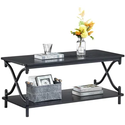 Hivvago Modern Industrial Metal Wood Coffee Table With Bottom Storage Shelf In Black
