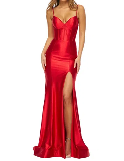 Sherri Hill V-neck Satin Prom Dress In Red In Red