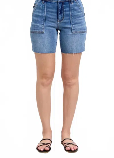 Judy Blue Mid Rise Bermuda With Flap Pockets Denim Short In Medium Wash