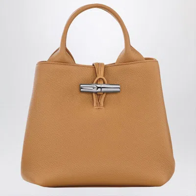 Longchamp Le Roseau Beige Handbag With Toggle Closure In Grained Leather In Brown