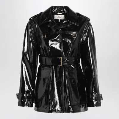 Chloé Belted Jacket In Shiny Coated Cotton In Black