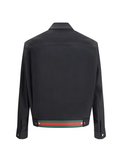 Gucci Men Black Jacket With Classic Collar And Web Motif On The Waist In Cotton Man In Black