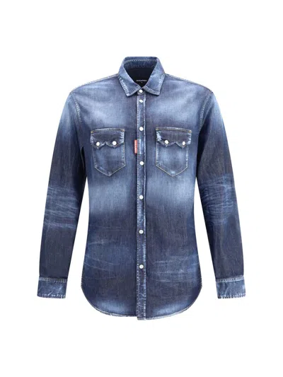Dsquared2 Dan Shirt In Washed Blue Denim In Blue