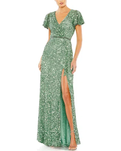 Mac Duggal Sequined Wrap Over Butterfly Sleeve Draped Gown In Green