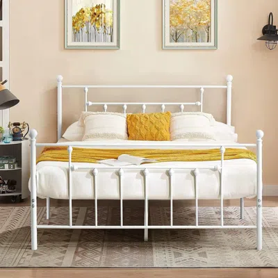 Hivvago Vintage Style White Metal Platform Bed Frame With Headboard Footboard In White