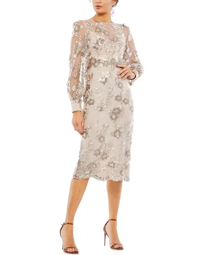 Mac Duggal Embellished High Neck Illusion Long Sleeve Midi Dress In Mocha In Gray
