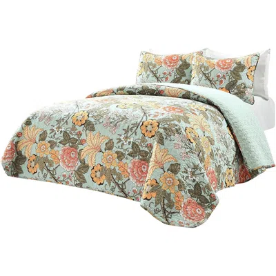 Hivvago 3 Piece Farmhouse Teal Blue Floral Cotton Reversible Quilt Set In Multi