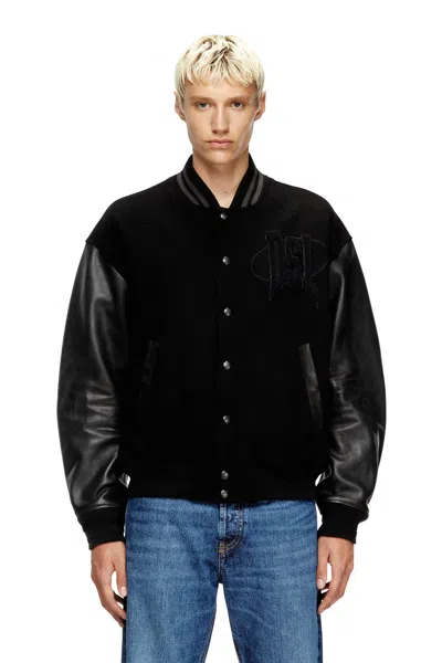 Diesel Varsity Bomber Jacket In Cotton And Leather In Black