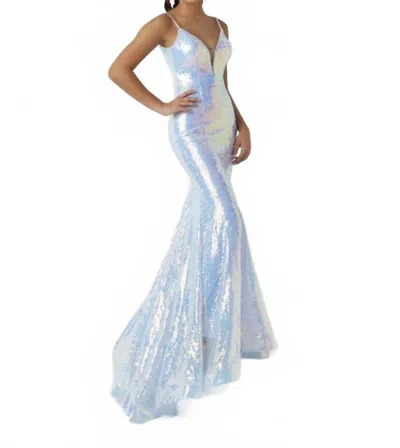 Christina Wu Plunging Neck Backless Sequin Dress In Liquid Sky