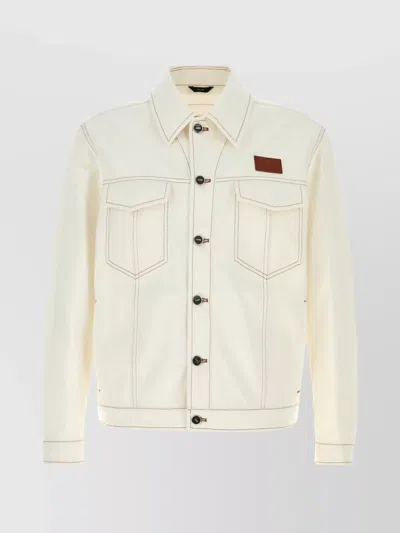 Fendi Denim Jacket With Adjustable Hem And Chest Pockets In Neutral