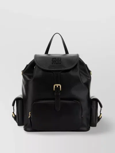 Miu Miu Leather Backpack With Front And Side Pockets
