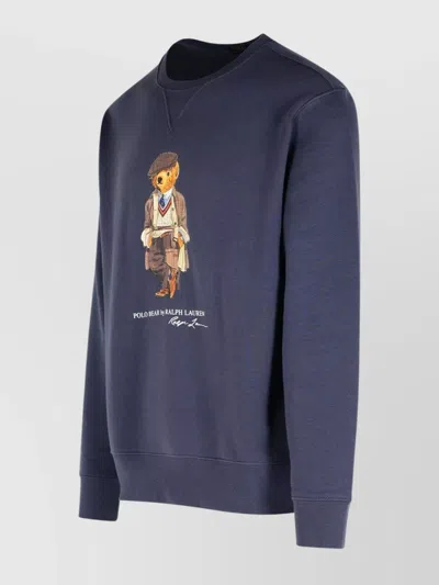 Polo Ralph Lauren Navy Blue Cotton Blend Sweatshirt With Iconic Bear Logo In Blue