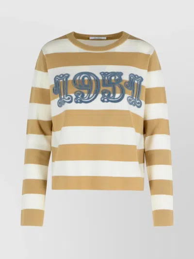 Max Mara Crew Neck Striped Wool Sweater With Embroidered Detail In Brown