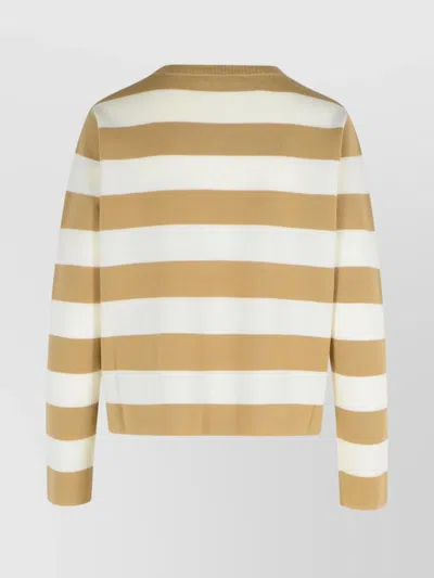 Max Mara Crew Neck Striped Wool Sweater With Embroidered Detail In Brown