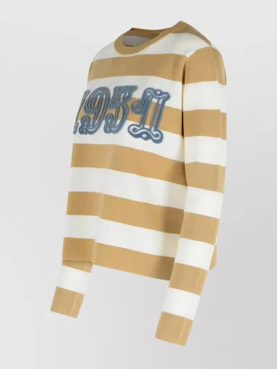 Max Mara Crew Neck Striped Wool Sweater With Embroidered Detail In Brown