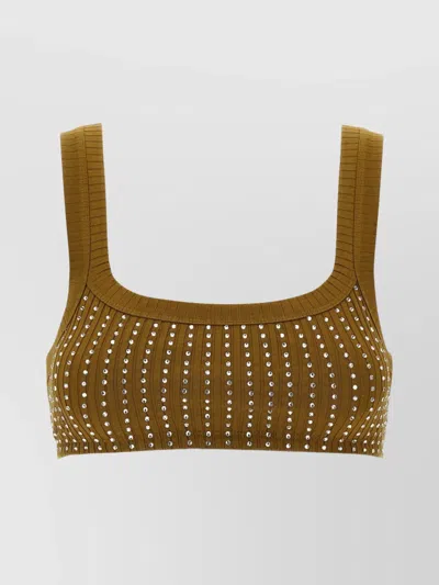 Attico Crystal Square Neckline Sleeveless Cropped Top In Green