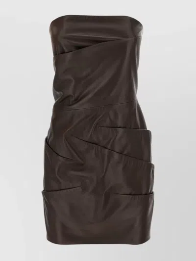 Attico Strapless Leather Dress With Layered Textured Finish In Brown