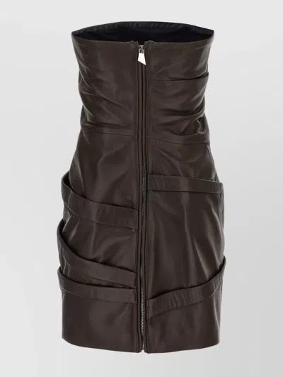 Attico Strapless Leather Dress With Layered Textured Finish In Brown