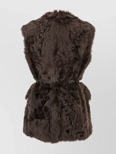 Brunello Cucinelli Belted Faux Fur Vest With Notched Lapel In Brown