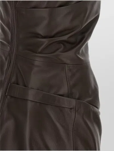 Attico Strapless Leather Dress With Layered Textured Finish In Brown