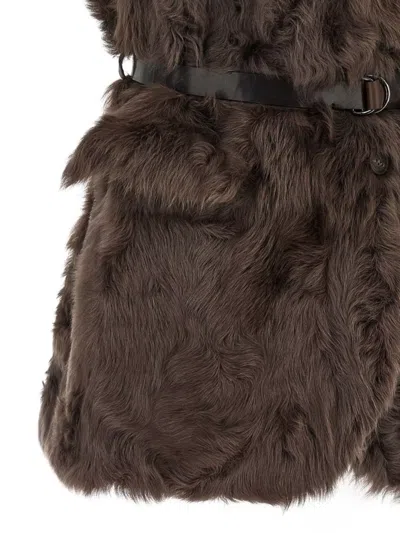 Brunello Cucinelli Belted Faux Fur Vest With Notched Lapel In Brown