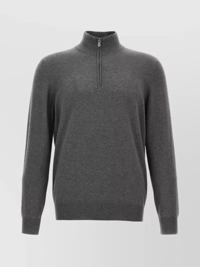 Brunello Cucinelli Half-zip High Collar Ribbed Sweater In Gray