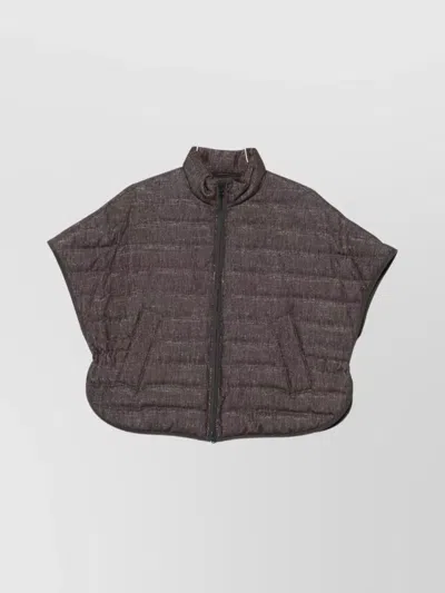 Brunello Cucinelli Short Sleeve Quilted High Neck Jacket In Brown