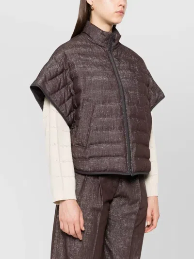 Brunello Cucinelli Short Sleeve Quilted High Neck Jacket In Brown