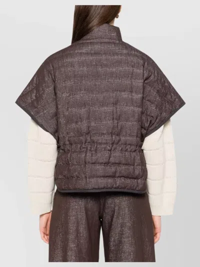Brunello Cucinelli Short Sleeve Quilted High Neck Jacket In Brown