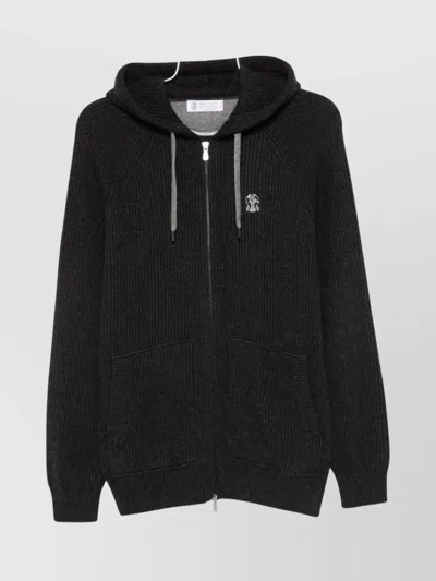 Brunello Cucinelli Cashmere Zip-up Hoodie Featuring Drawstring Hood In Black
