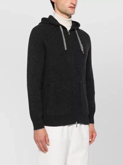 Brunello Cucinelli Cashmere Zip-up Hoodie Featuring Drawstring Hood In Black