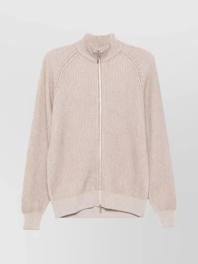 Brunello Cucinelli Cashmere High Neck Zip-up Cardigan With Ribbed Knit In Neutral