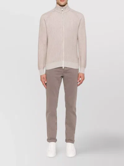 Brunello Cucinelli Cashmere High Neck Zip-up Cardigan With Ribbed Knit In Neutral