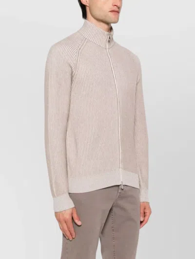 Brunello Cucinelli Cashmere High Neck Zip-up Cardigan With Ribbed Knit In Neutral