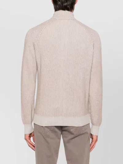 Brunello Cucinelli Cashmere High Neck Zip-up Cardigan With Ribbed Knit In Neutral