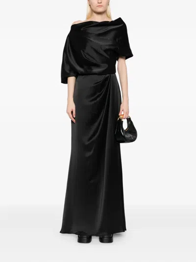 Amsale Satin Off-shoulder Gown In Black