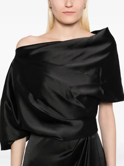 Amsale Satin Off-shoulder Gown In Black