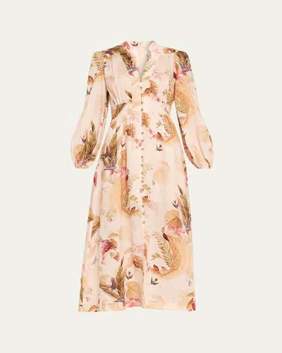 Zimmermann Womens Cream Palm Floral Ascension Plunge Linen Midi Dress