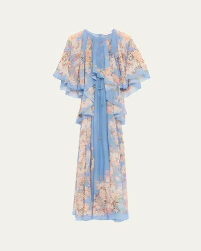 Zimmermann Cascadian Tiered Ruffled Floral-print Recycled-georgette Maxi Dress In Blue