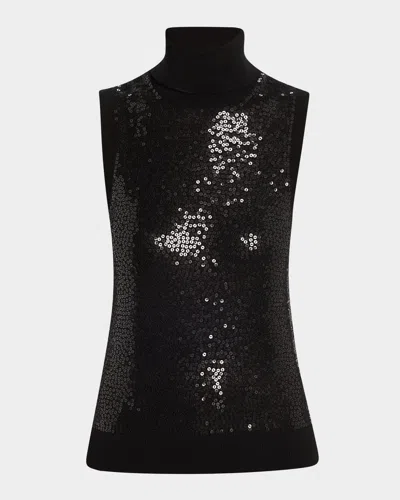 Michael Kors Sequined Sleeveless Cashmere Turtleneck In Black