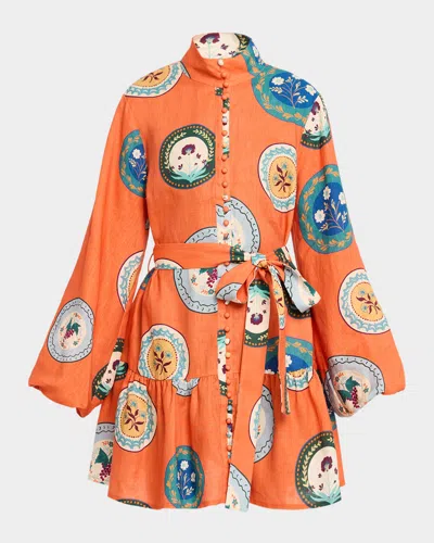 Palm Noosa Austin Orange Plates Flounce Linen Mini Dress