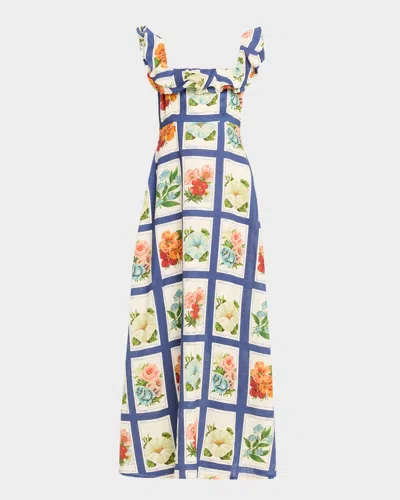 Palm Noosa Ruffle-trim Vintage Botanical Linen Maxi Dress