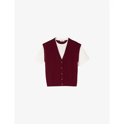 Sandro Womens Bordeaux Two-in-one Short-sleeved Wool And Cashmere Top In Red