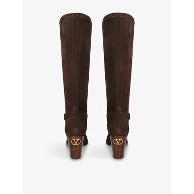 Valentino Garavani Knee-high Suede Boots With Leather Block Heel In Brown